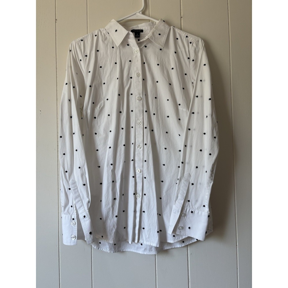 Ann Taylor White Black Swiss Dot Button Up Shirt Women's Size 8 Office Preppy